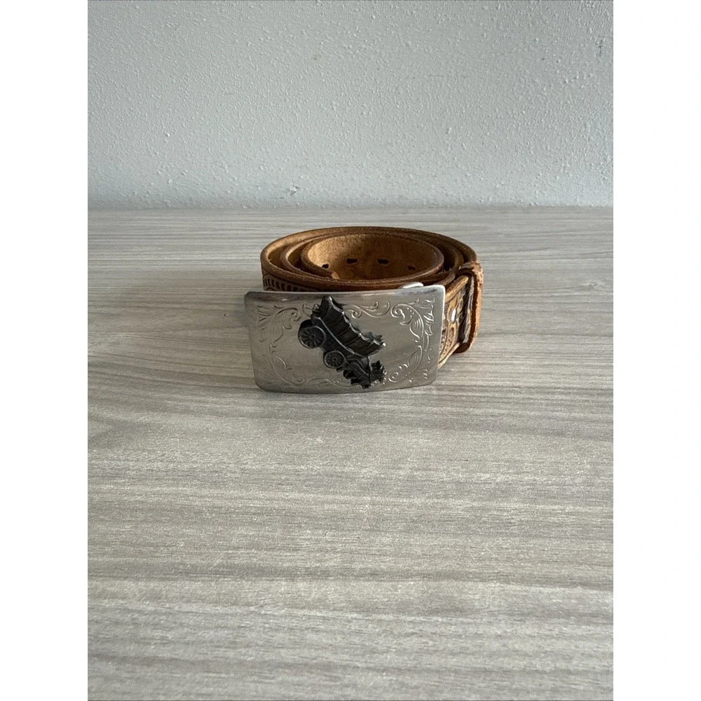 Vintage Cardat Leather Engraved Belt W Pioneer Buckle Unisex Sz 32 Made In USA